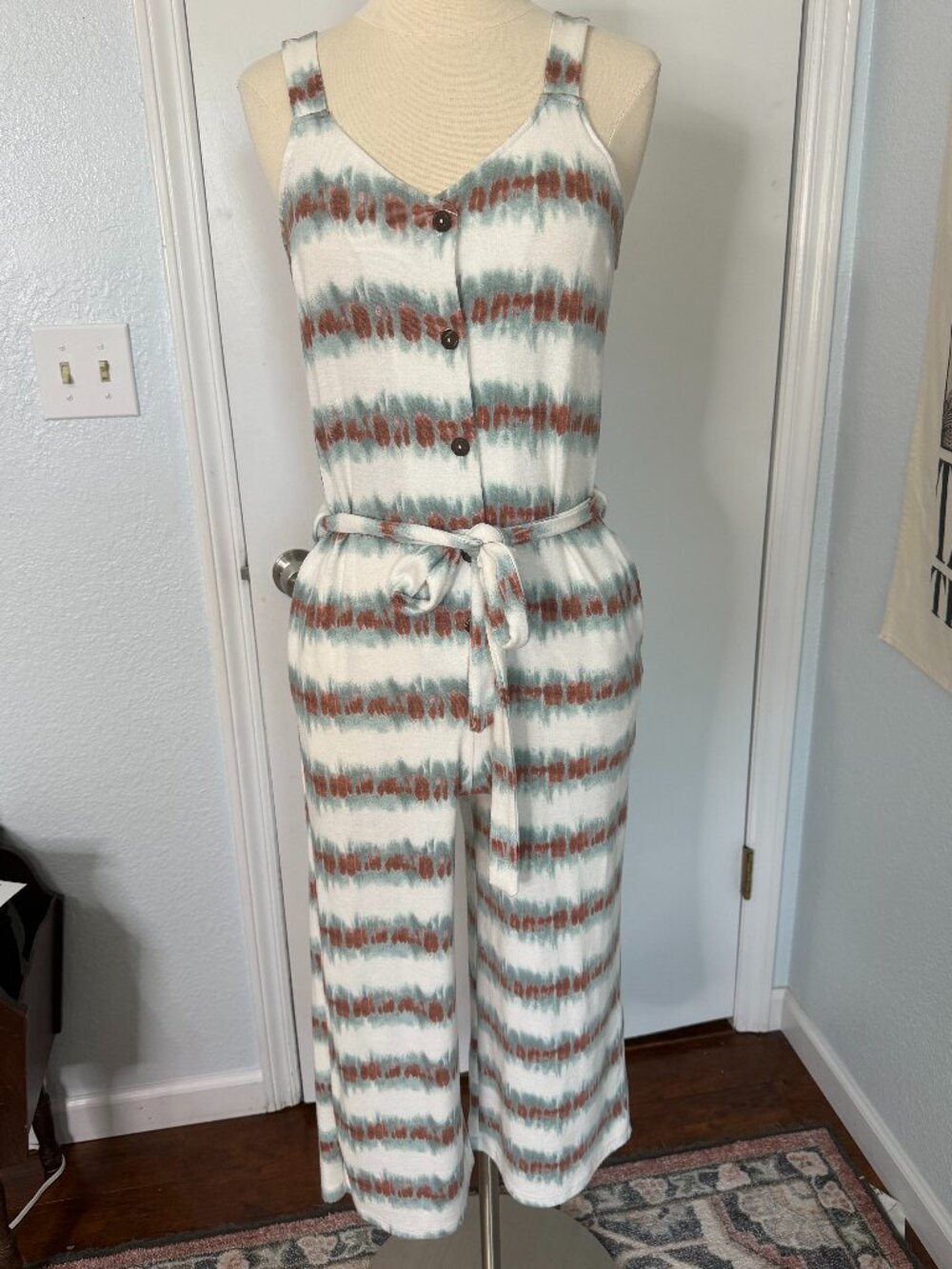 Monteau Los Angeles Tie Dye Wide Leg Jumpsuit Size Small S Belted